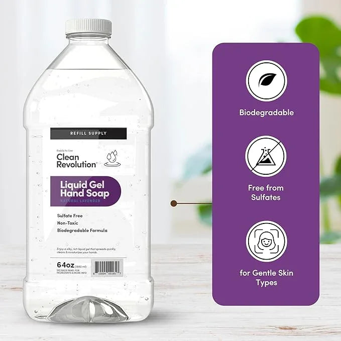 Clean Revolution Liquid Gel Hand Soap, Silky Rich Liquid, Quick Lather, Fast Rinsing, Contains Real Essential Oils (Natural Lavender) 64 Fl Oz - ModernBath