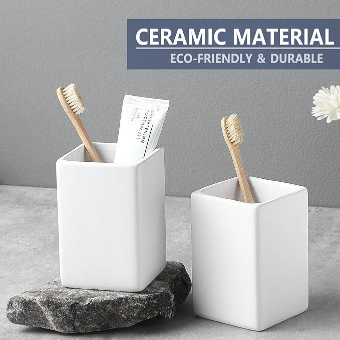 Toothbrush Holders for Bathrooms - 2 Cups Ceramic Square Toothbrush Toothpaste Holders Set, White Square Bathroom Tumbler Cups Reusable Toothbrush Mouthwash Cup, Bathroom Counter Organizer. - ModernBath