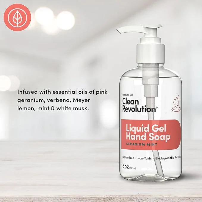 Clean Revolution Liquid Gel Hand Soap, Silky Rich Liquid, Quick Lather, Fast Rinsing, Contains Real Essential Oils (Geranium Mint) 8 Fl Oz - ModernBath