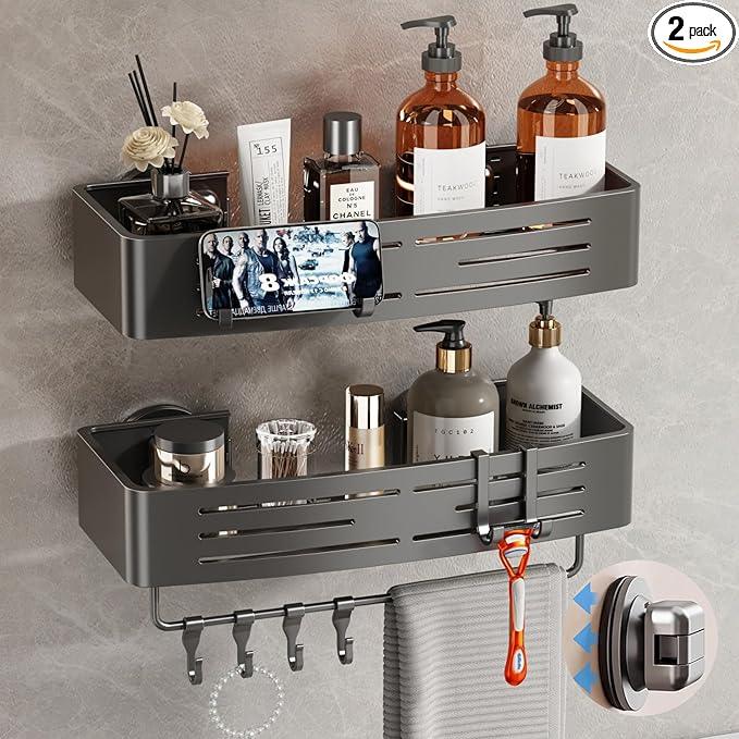 Voldra Shower Caddy Suction Cup, 2 Pack Shower Shelves for Inside Shower No Drilling, Aluminum Suction Showers Organizer with Towel Bar & Hooks Removable Bathroom Shelf Storage Rack(Gray) - ModernBath