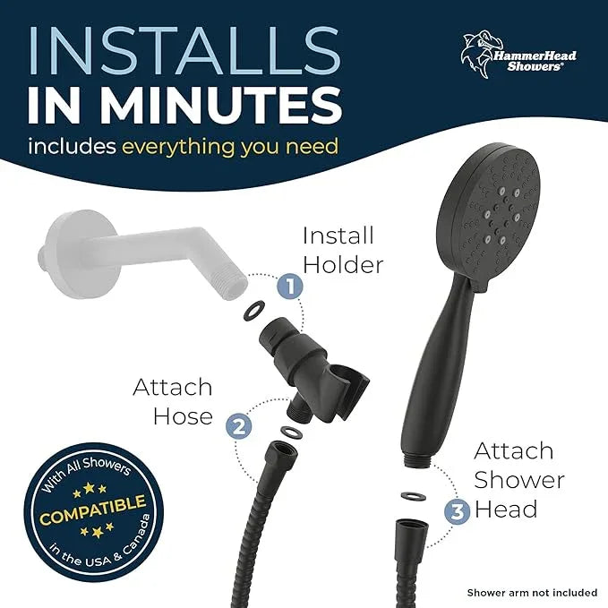 HammerHead Showers® Solid Metal 3-Spray Handheld Shower Head with Long Hose and Holder - MATTE BLACK - 2.5 GPM High Pressure Shower Head with Handheld Sprayer - WIDE, MASSAGE, and MIST Sprays - ModernBath
