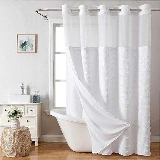 eachope No Hook Tufted Chevron Striped Shower Curtain with Snap-in Fabric Liner set-71Wx74H,Hotel Grade,Boho Style Waterproof Shower Curtain with See Through Top Window,White - ModernBath