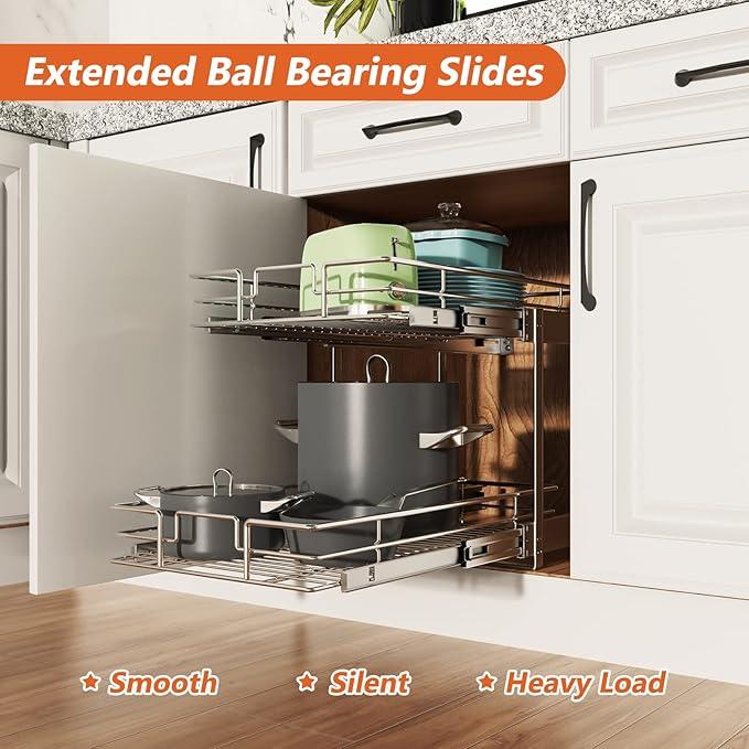 ROOMTEC Individual Pull Out Cabinet Organizer (11½" W x 21½" D), 2 Tier Spice Rack Organizer for Cabinet, Slide Out Drawer Pantry Shelf Organization and Storage for Kitchen Bathroom - ModernBath