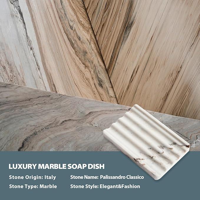 2PCS Koville Italian Natural Marble Soap Dish for Shower, Multi-Color Stone Soap Tray for Bathroom, Bar Soap Holder for Sink, Stripe Grooves Soap Saver Sponge Holder (White/Brown Random) - ModernBath