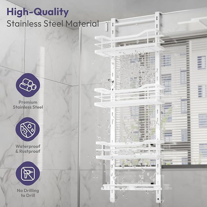 SWTYMIKI Over the Door Shower Caddy - 4 Tier Adjustable Shower Organizer Hanging with Soap Holder, No Drilling Stainless Steel Bathroom Rack Hanging for Body Wash, Shampoo, Soap, Razor, White - ModernBath