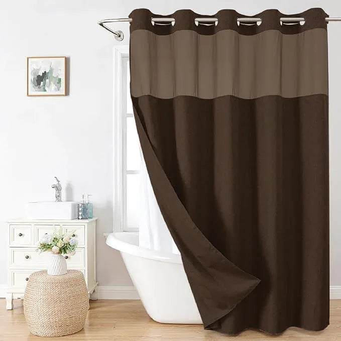 eachope Long No Hooks Needed Linen Textured Shower Curtain with Snap-in Fabric Liner Set,Hotel Luxury Decor Shower Curtains for Bathroom,Waterproof & Washable,71Wx80H,Brown - ModernBath