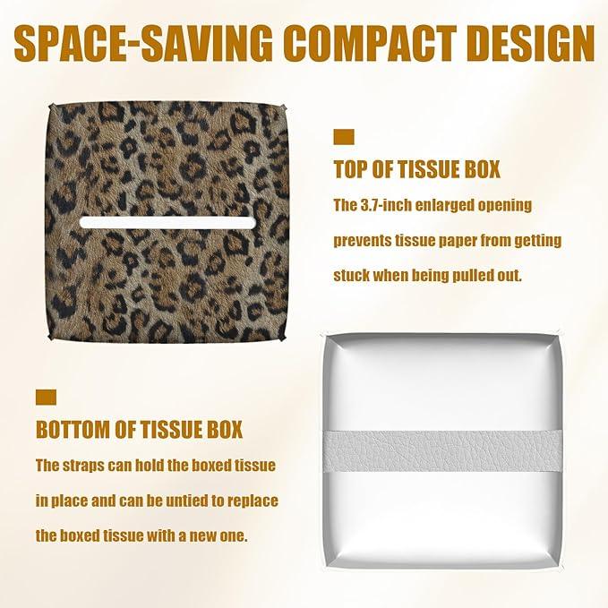 Brown Leopard Tissue Box Cover 2PCS, Leather Tissue Box Holder Square Facial Paper Case Tissue Box Cube Organizer for Bathroom Bedroom Desk Office - ModernBath