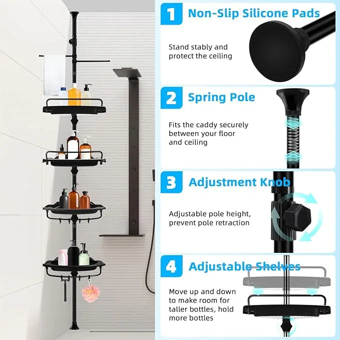 32-122inch Corner Shower Caddy Tension Pole Black, Rustproof Drill-Free Shower Shelves for Bathroom Bathtub Washbasin, Adjustable Shower Organizer with 4 Tier Patent Stable Shelves & Towel Bars - ModernBath