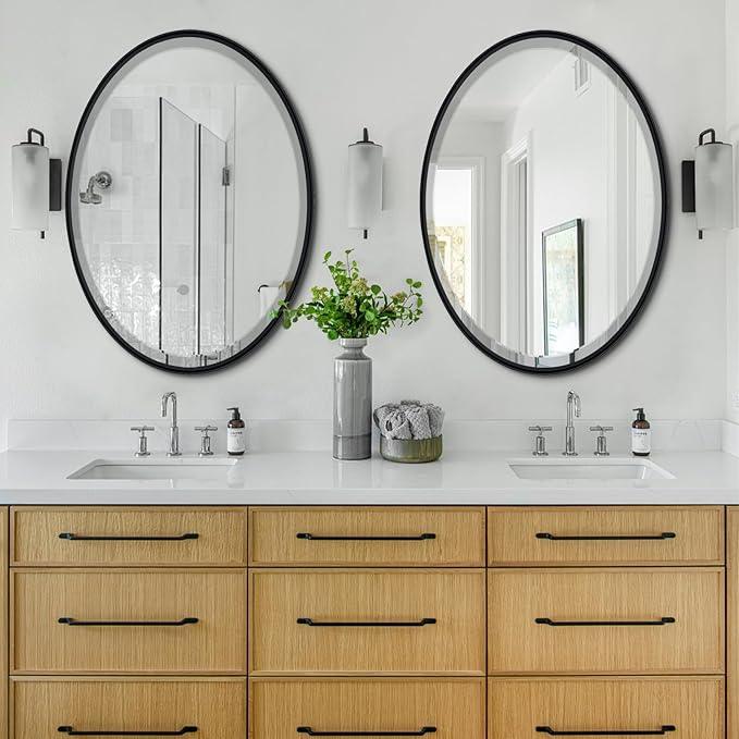 POZINO Oval Beveled Mirror, 24"x36" Bathroom Vanity Mirror for Over Sink, Matte Black Modern Rounded Wall Mirror for Living Room Entryway Bedroom Hallway Fireplace, Hangs Horizontal Or Vertical - ModernBath