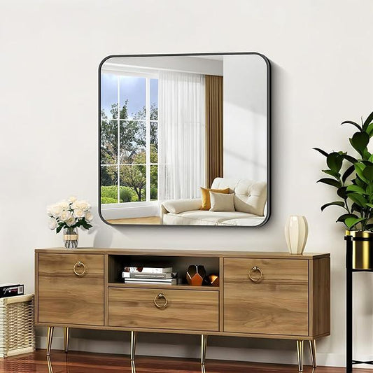 CIVENO Bathroom Mirror, 36"x36" Black Square Wall Mirror, Metal Frame Rounded Corner Vanity Mirror, Large Wall Mounted Mirror for Modern Bedroom Living Room Horizontal Or Vertical Mounting - ModernBath