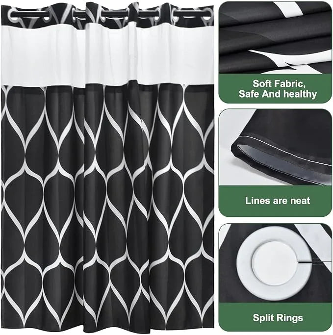 Yiatn No Hook Black Shower Curtain with Snap in Fabric Liner Set - Hotel Style with See Through Mesh Top Window - 71x74 INCH - ModernBath