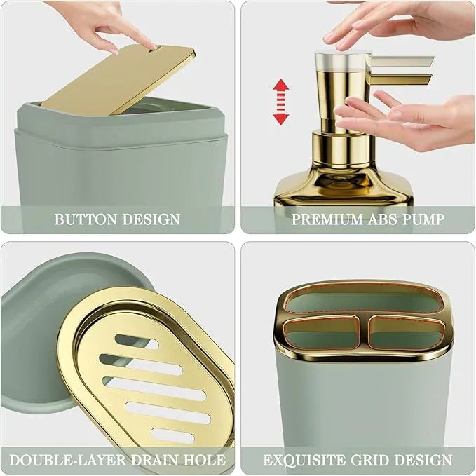 XLHOMO Bathroom Accessories Set - 25PC Bathroom Set with Shower Curtain and Rugs, Sage Green Bathroom Set, Bathroom Accessory Set with Press-on Lid Trash Can, Soap Dispenser and Qtip Holders - ModernBath