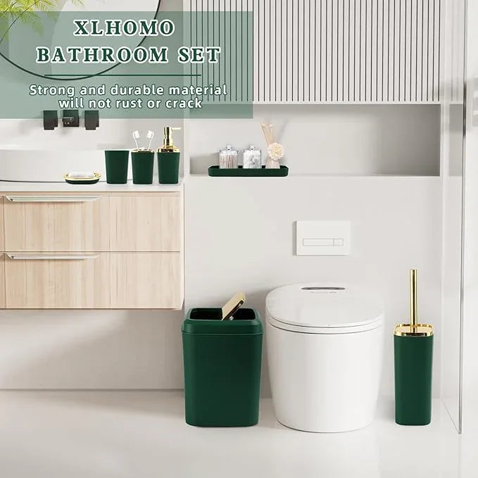 XLHOMO Green and Gold Bathroom Accessories Set, Bathroom Sets with Shower Curtain, Green Bathroom Accessories with Trash Can, Soap Dispenser, Soap Dish, Toilet Brush Holder, Qtip Holders - ModernBath