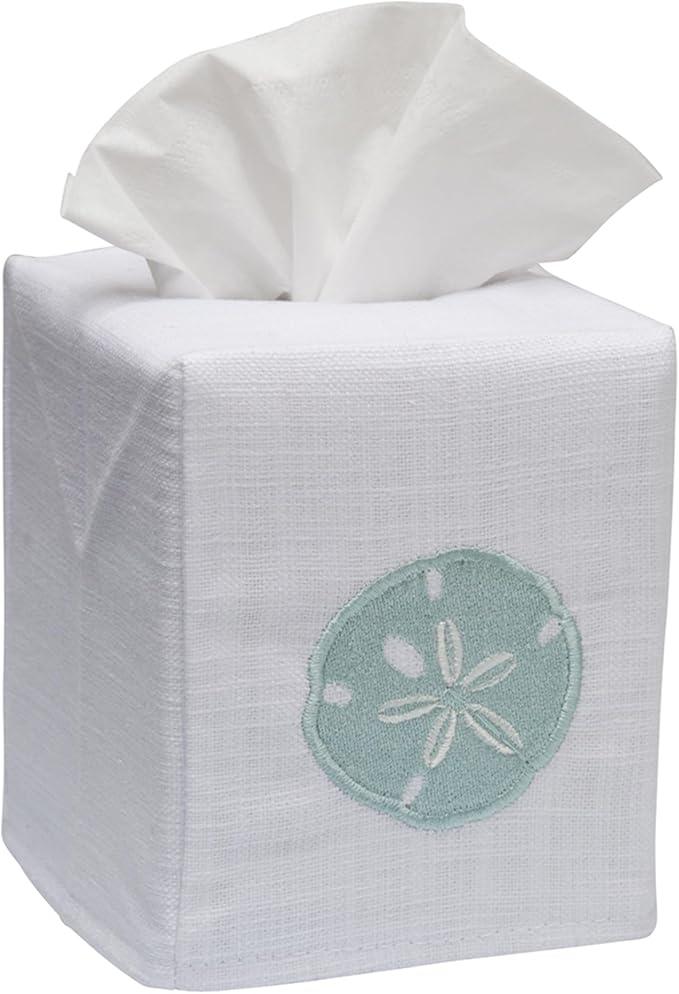 Jacaranda Living Square Tissue Box Cover, Linen/Cotton Fabric Tissue Holder, Decorative Cloth Tissue Cube Cover, Coastal Designs Sand Dollar (Aqua) - ModernBath