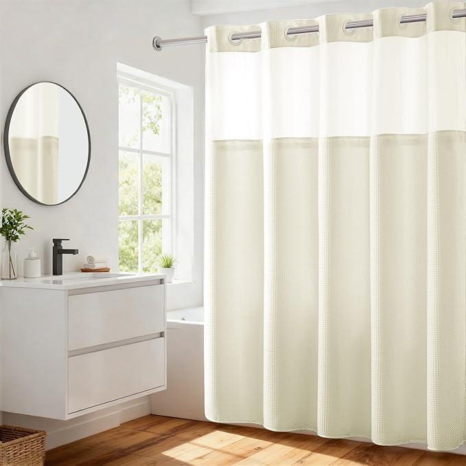 River Dream Heavyweight No Hooks Required Dotted Waffle Weave Shower Curtain with Snap in Liner - 71W x 74H,Hotel Grade,Spa Like Bath Curtain,Cream - ModernBath