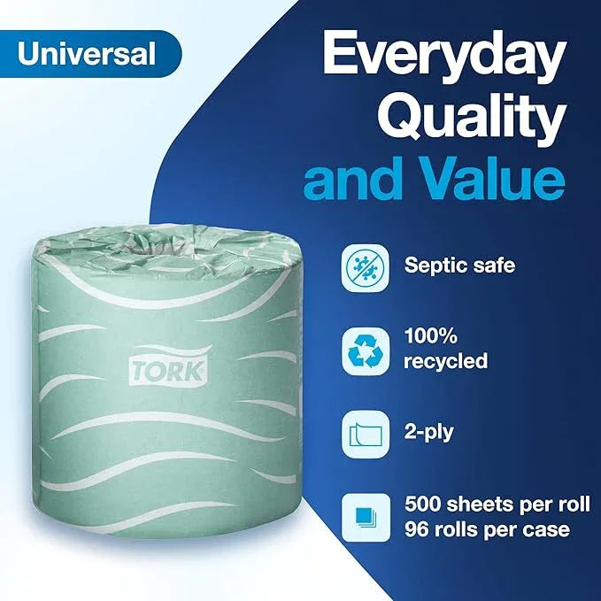 Tork Septic Safe Toilet Paper, White, 2-Ply 100% Recycled, Eco-Friendly, T24 Compatible 96 Rolls x 500 Sheets (TM1616S) - ModernBath