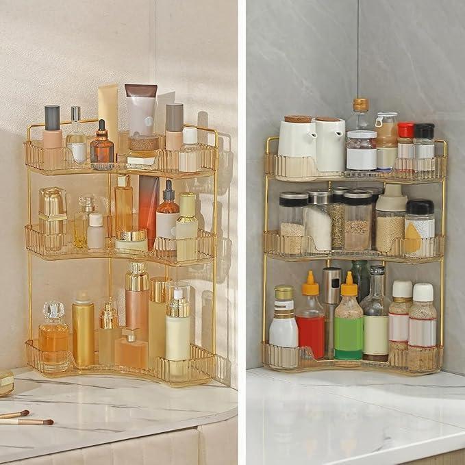 INVSSENE Corner Bathroom Countertop Organizer, Vanity Organizer Trays for Counter, Makeup Organizers, Perfume Tray, Skincare Shelf Storage Gifts for Women Girl Student (Yellow, 3 Tiers) - ModernBath