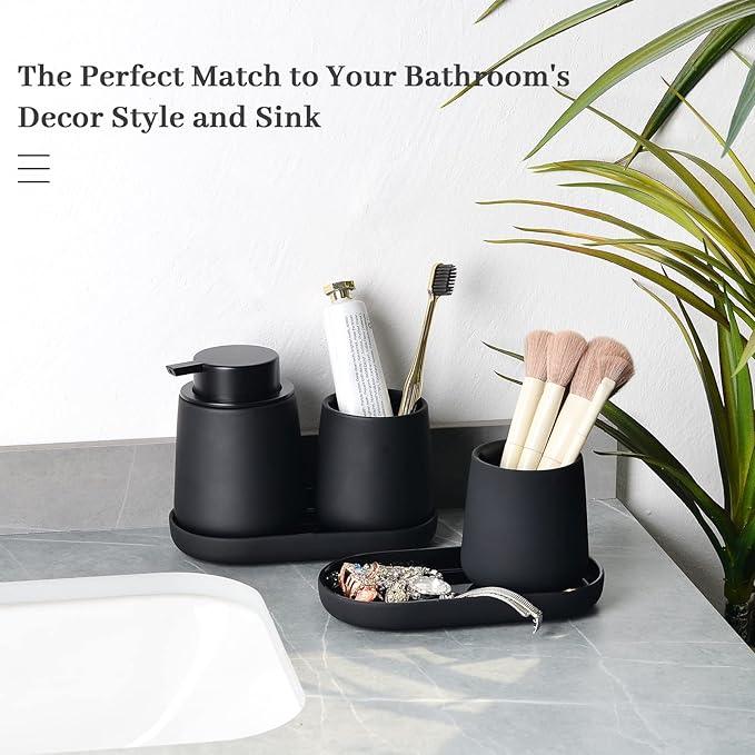 BosilunLife Black Bathroom Accessory Set - 3 pcs Ceramic Bathroom Soap Dispenser Set Farmhouse Bathroom Counter Decor Set Accessories, Soap Dispenser and Toothbrush Holder, Tray (Liquid Pump) - ModernBath