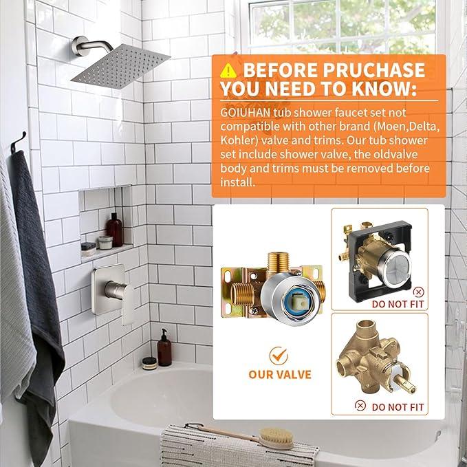 Brushed Nickel Shower Faucet Single Function Trim Kit with Rough-in Valve Set Bath Rainfall Shower System 8inch Square Stainless Steel Metal Shower Head - ModernBath