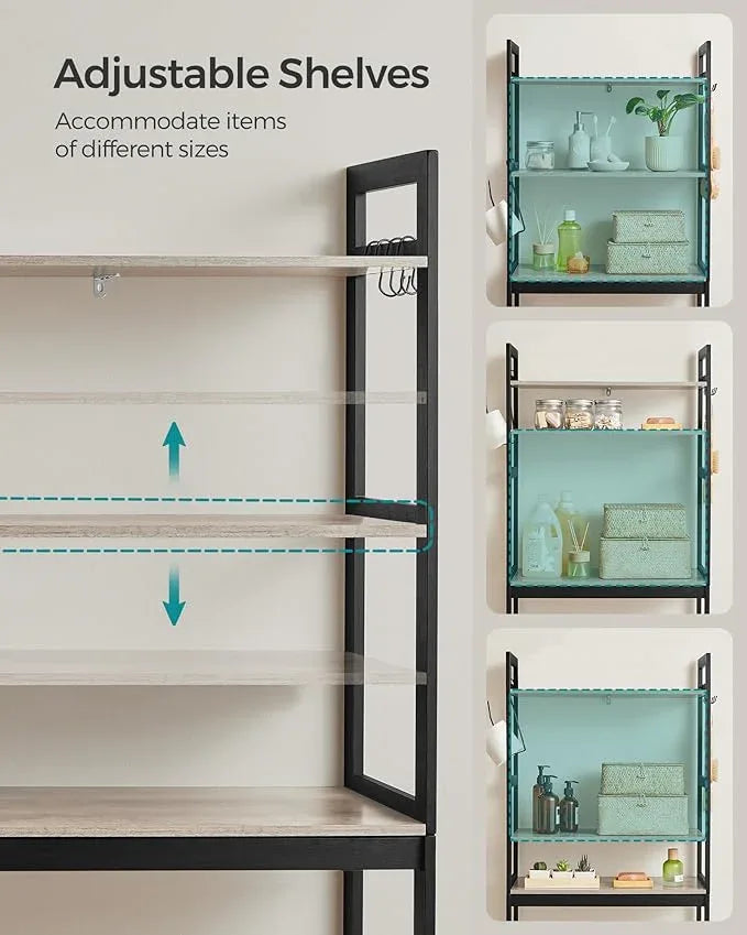 SONGMICS Over-The-Toilet Storage, 3-Tier Bathroom Organizer Over Toilet with Adjustable Shelves, Hooks, Bamboo, Freestanding Space Saver Bathroom Shelves, Heather Greige and Ink Black UBTS012W01 - ModernBath