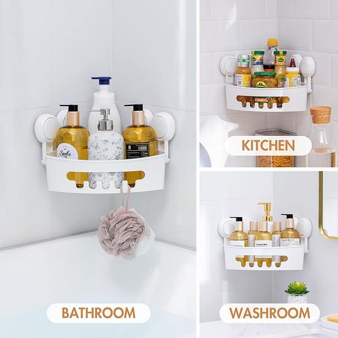 LEVERLOC Corner Shower Caddy Suction Cup, Shower Caddy Basket Powerful Suction Bathroom, Waterproof & Rustproof Organizer for Bathroom Storage, No-Drilling Removable (White) - ModernBath