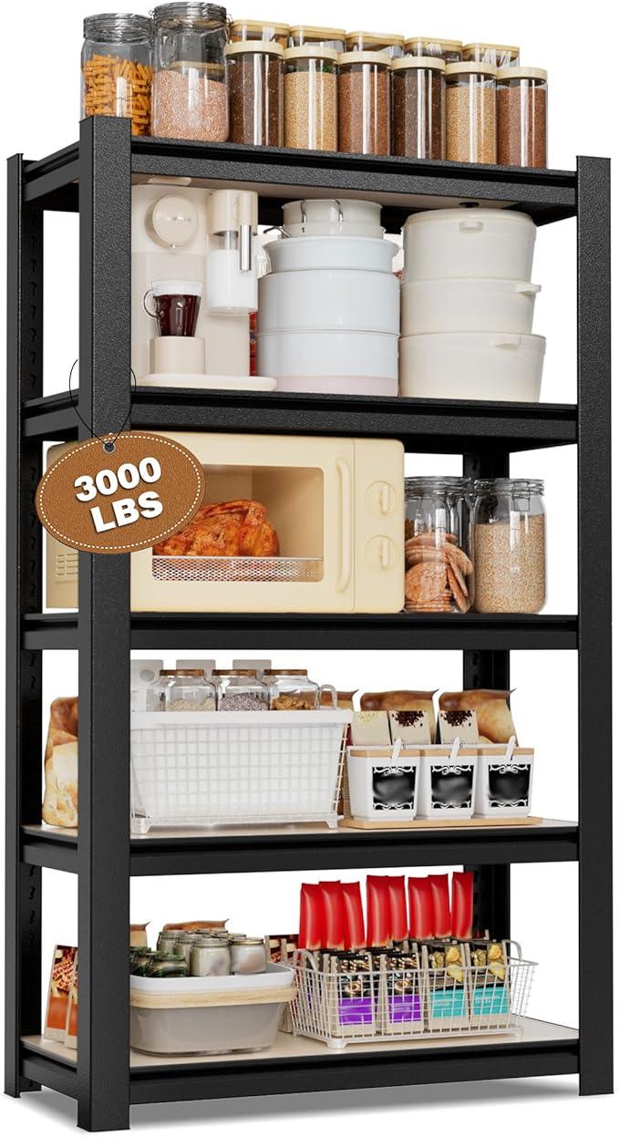 WORKPRO House 5-Tier Shelving Unit, 3000lbs Adjustable Storage Shelves, Boltless Book Shelf, Shelf Organizer for Kitchen, Living Room, Bathroom, Wood Grain Pattern, Waterproof Board, 24-1/10"W, Black - ModernBath