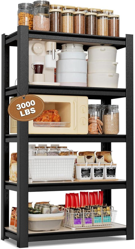WORKPRO House 5-Tier Shelving Unit, 3000lbs Adjustable Storage Shelves, Boltless Book Shelf, Shelf Organizer for Kitchen, Living Room, Bathroom, Wood Grain Pattern, Waterproof Board, 24-1/10"W, Black - ModernBath