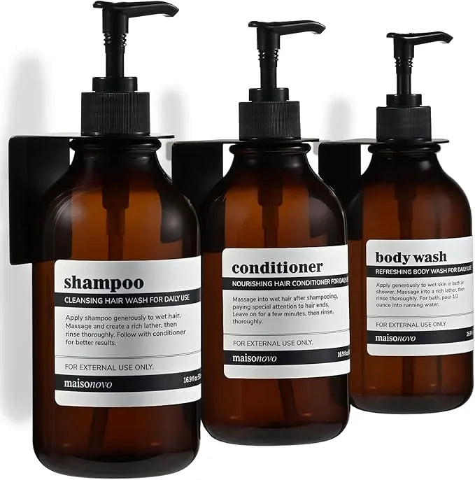 MaisoNovo Shampoo and Conditioner Dispenser - Shower Soap Dispenser Wall Mounted - 16.9 fl oz Set of 3 Amber Plastic Bottles Black Pump - 3 Chamber No Drill - ModernBath