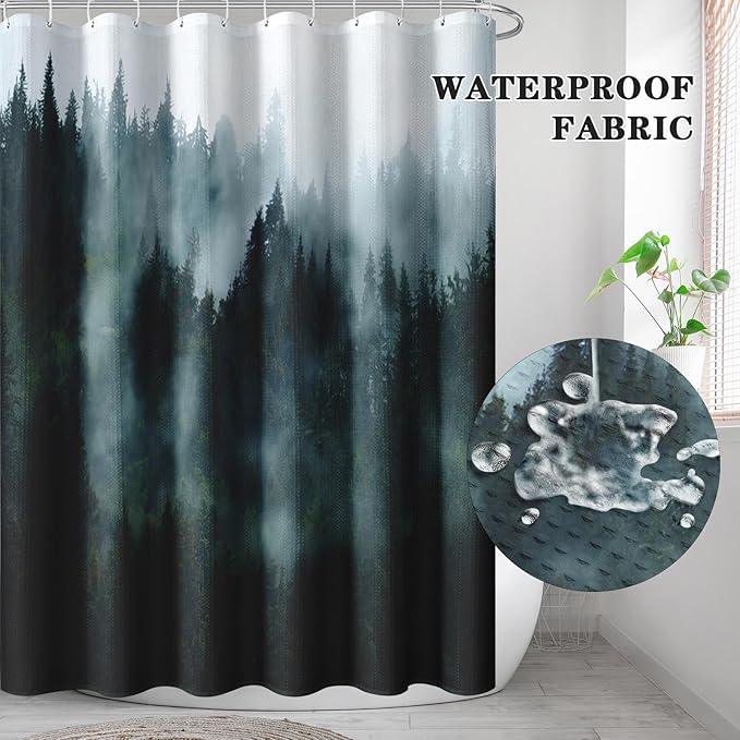 Culudea Misty Mountain Tree Green Spring Waffle Textured Cloth Shower Curtain Set, Fog Forest Nature Vintage Bathroom Window Waterproof Shower Curtains for Bathroom Decor - ModernBath