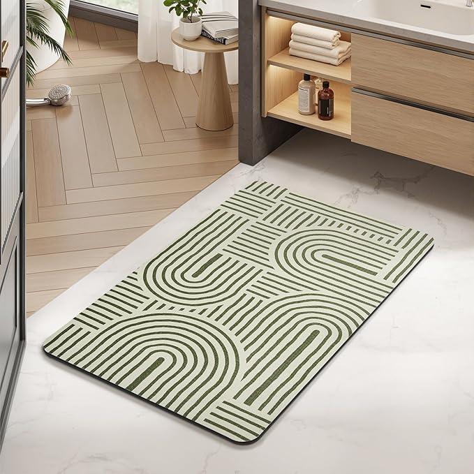 MontVoo -Bath Mat-Non Slip Thin Bathroom Rugs Fit Under Door- Quick Dry Absorbent Faux Suede Surface Grey Bathroom Floor Mats-Shower Rug for in Front of Bathtub Shower Ivory & Green Arched 16x24 - ModernBath