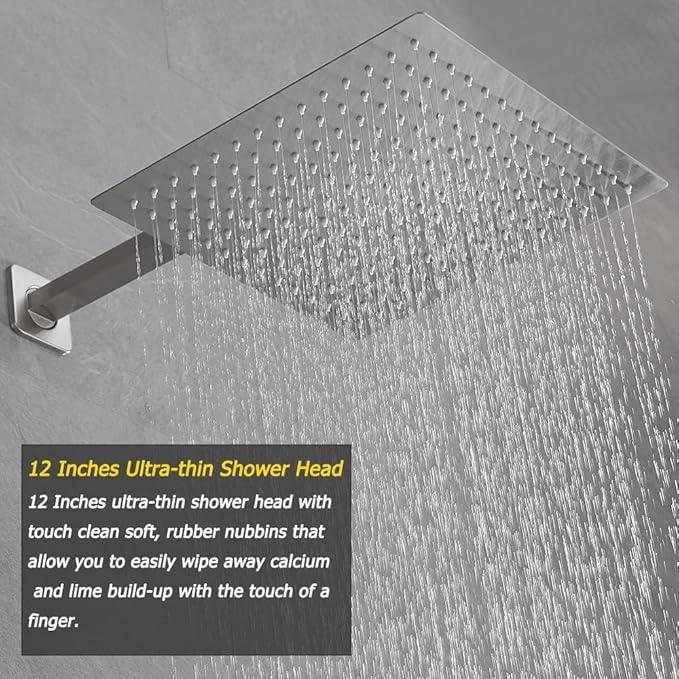 Heable Brushed Nickel Shower System 12 Inches Bathroom Luxury Rain Shower Head with Handheld Combo Set Wall Mounted High Pressure Rainfall Shower Head System Shower Faucet with Valve and Trim Kit - ModernBath