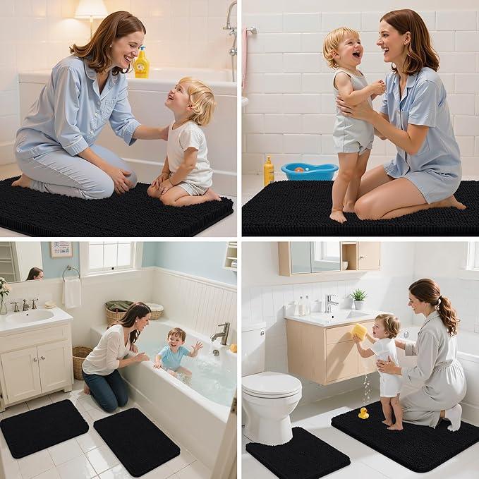 Arotive Bathroom Rugs 24x16, Extra Soft Absorbent Shaggy Chenille Bath Rugs, Machine Washable Rubber Backing Non-Slip Bath Mats for Bathroom Floor Tub and Shower, Home Decor Accessories, Black - ModernBath
