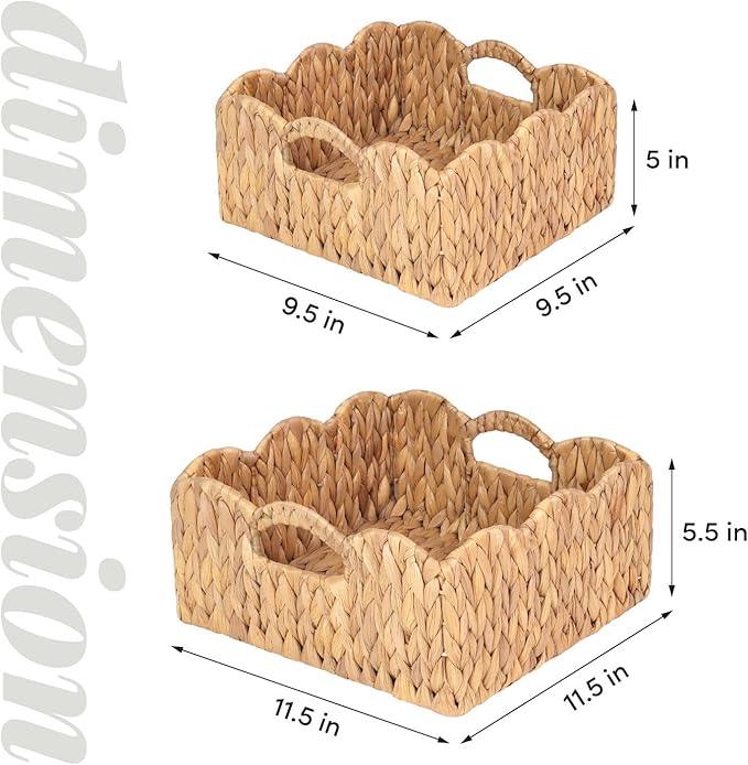 Scalloped Baskets (Natural-Set of 2) Basket Living Room Organizer, Water Hyacinth Baskets For Decor, Woven Basket for Bathroom, Bedroom, Laundry. Hyacinth Storage Basket with Built-in Handles - ModernBath