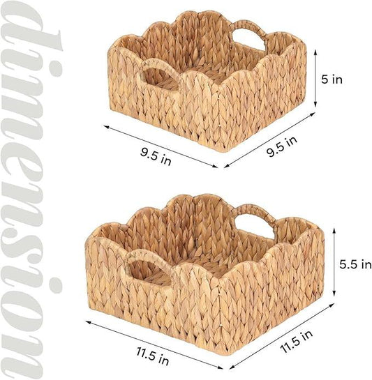 Scalloped Baskets (Natural-Set of 2) Basket Living Room Organizer, Water Hyacinth Baskets For Decor, Woven Basket for Bathroom, Bedroom, Laundry. Hyacinth Storage Basket with Built-in Handles - ModernBath
