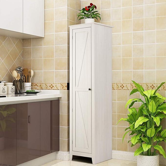 Giantex Tall Storage Cabinet Freestanding Floor Storage Tower with Four Shelves and Single Door, 17x16x72 Inch, Narrow Utility Cabinet for Living Room, Bathroom (Grayish White) - ModernBath