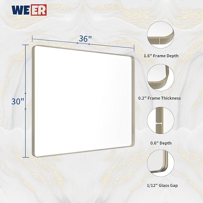 WEER 36X30 Inch Brushed Nickel Bathroom Mirror, Brushed Silver Metal Frame Mirror, Rounded Rectangle Silver Bathroom Vanity Mirror, Tempered Glass, Anti-Rust, Hangs Horizontally or Vertically - ModernBath