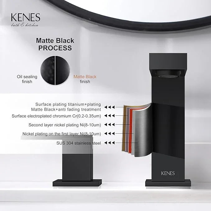 KENES Matte Black Widespread Bathroom Faucet Two Handle Bathroom Sink Faucets Black 3 Hole, 8-Inch 3 Pieces Bathroom Vanity Faucet Lavatory Faucet with Supply Lines, KE-9050-2 - ModernBath