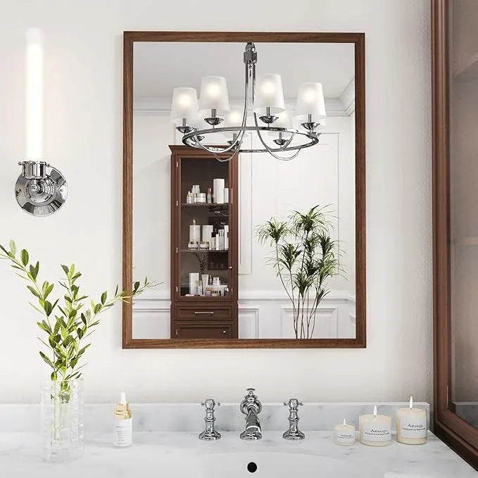 WEER Bathroom Mirror, 22x30 Inch Wall Mirror, Walnut Wood Grain Framed Mirror, Rectangle Vanity Mirror, Tempered Glass, Anti-Rust, Hangs Horizontally or Vertically - ModernBath