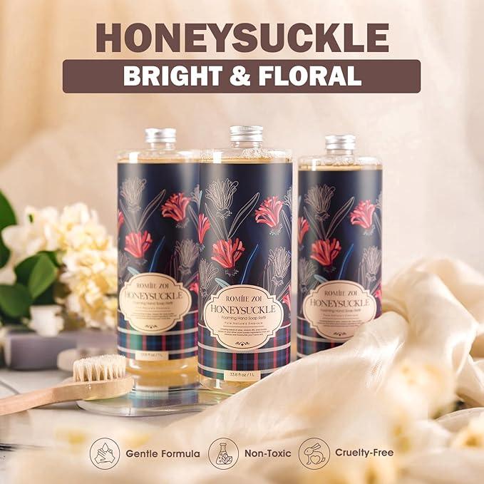ROMIIE ZOI Foaming Hand Soap Refill Gift Set – Honeysuckle Scent – 3 Pack (1000ML Each) with Dispenser, Gentle & Moisturizing Plant-Based Formula – Bulk Refill Bottles for Bathroom & Kitchen Use - ModernBath
