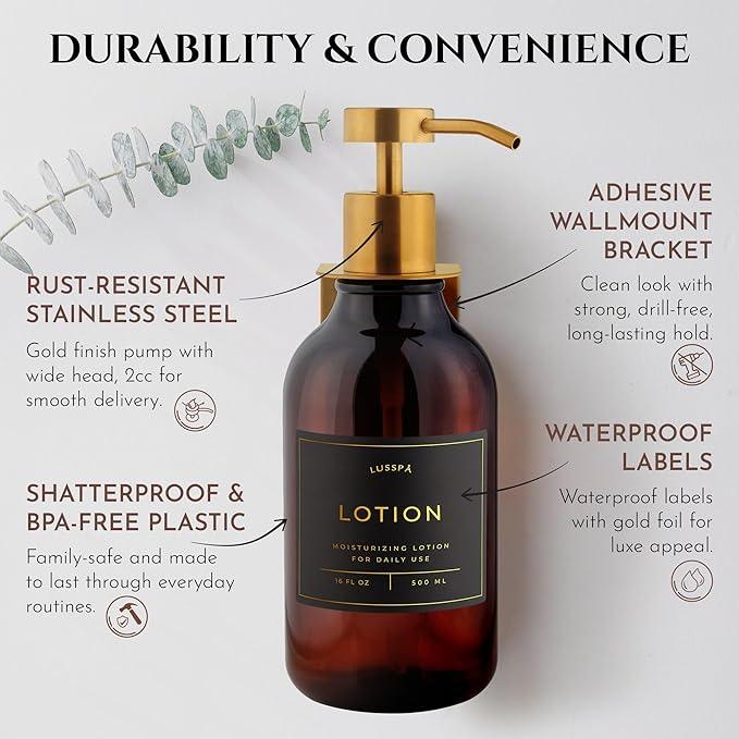 Shampoo & Conditioner Dispenser - Shower Soap Dispenser Wall Mounted - 16.9 Oz Plastic Bottle with Pump & Holder - Shampoo Dispenser - Shower Dispenser Chamber No Drill (1 X Amber/Gold) - ModernBath