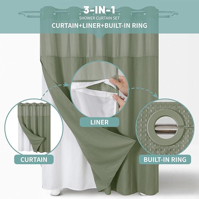eachope SageGreen No Hook Waffle Weave Shower Curtain with snap-in Liner Replacement, 230GSM Waterproof Fabric Hotel Shower Curtain Set for Bathroom, Through Mesh Top Window,60Wx74H - ModernBath