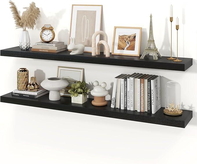 Floating Shelves for Wall, Wall Mounted Rustic Wood Shelves for Bathroom, Bedroom, Living Room, Kitchen, Hanging Shelf for Books/Storage/Room Decor (Black, 55") - ModernBath