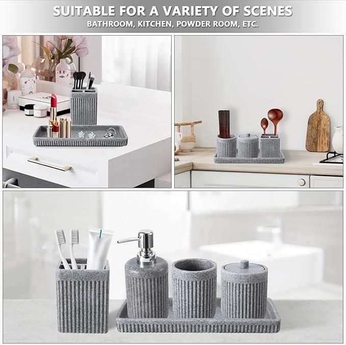 XLHOMO Resin Grey Bathroom Accessories Set 5 Pcs, Lotion Soap Dispenser, Toothbrush Holder, Bathroom Tumbler, Qtip Holder and Vanity Tray, Bathroom Countertop Organizer Set for Modern Home Apartment - ModernBath