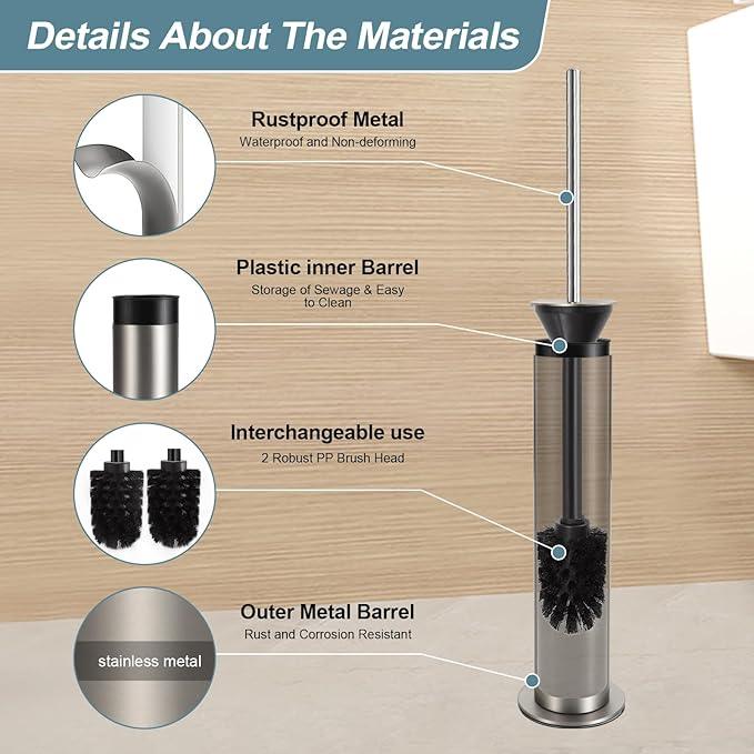 BGL Toilet Brush and Holder Set, Heavy Duty 304 Stainless Steel, Round Base and Long Handle for Bathroom Deep Cleaning, Drip-Proof, Space Saving for Storag, Stainless Steel - ModernBath