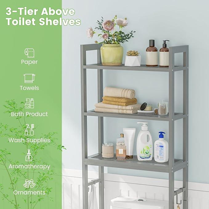 Giantex Over The Toilet Storage Rack, 3-Tier Metal Bathroom Organizer with 3 Hooks, Adjustable Bottom Bar, Anti-Tippling Devices, Freestanding Toilet Space-Saver for Bathroom, Laundry (Gray) - ModernBath