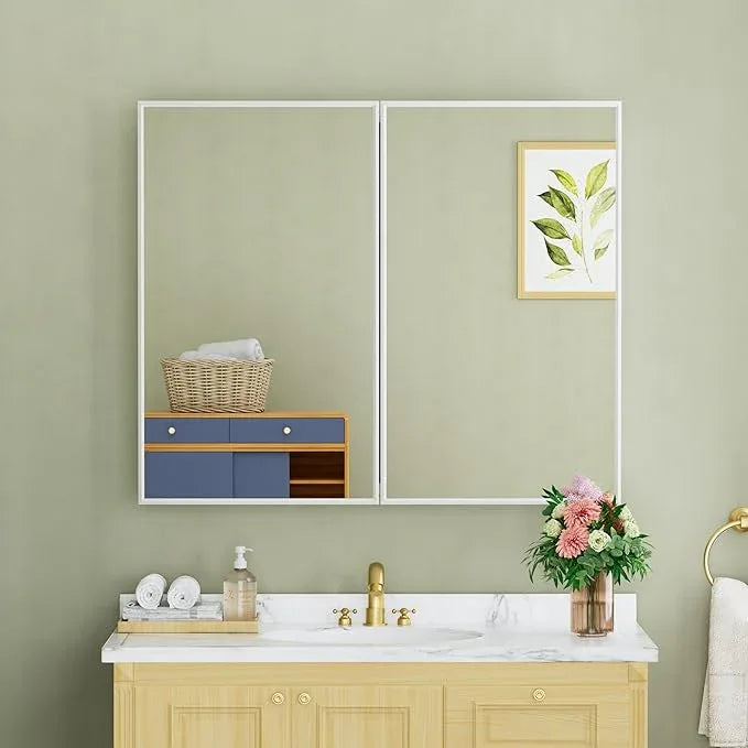 Buruis 36" x 30" Framed Medicine Cabinet with Mirror, Recessed or Wall Mounted Bathroom Cabinet, Adjustable Tempered Glass Shelves, Left/Right Open Reversible, No Assembly Required, White - ModernBath