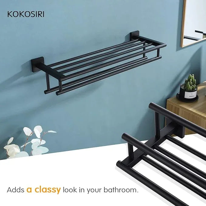 KOKOSIRI Bath Towel Rack with Double Towel Bars Bathroom Towel Shelf 24 Inch Towel Holder Wall Mounted Stainless Steel, Matte Black, B6005BK-L24 - ModernBath