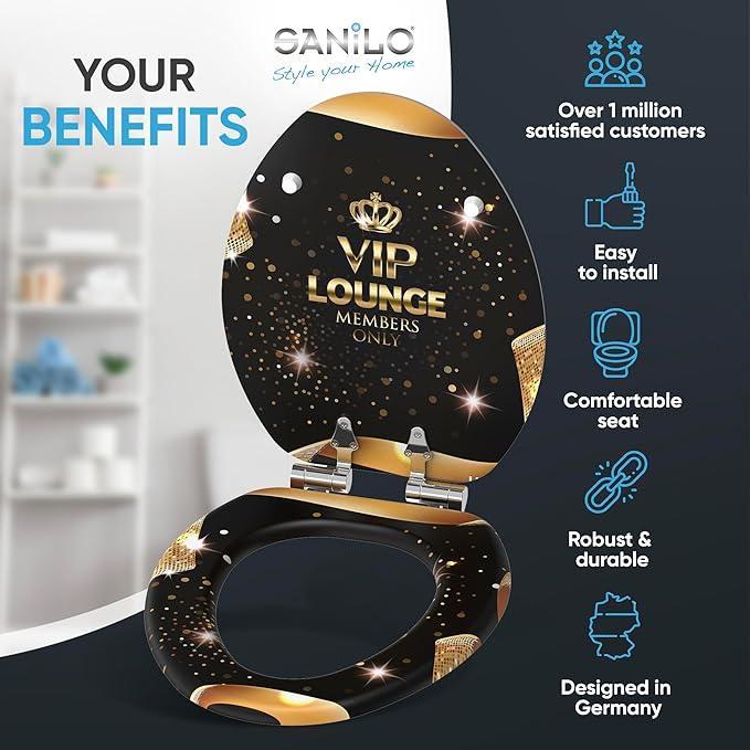 SANILO Wooden Toilet Seat with Soft Close [ELONGATED] - Decorative, Quiet & Slow Close Molded Wood Seat - With Strong Bumpers & Hinges - Adjustable Fit - VIP-Lounge - ModernBath