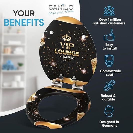 SANILO Wooden Toilet Seat with Soft Close [ELONGATED] - Decorative, Quiet & Slow Close Molded Wood Seat - With Strong Bumpers & Hinges - Adjustable Fit - VIP-Lounge - ModernBath