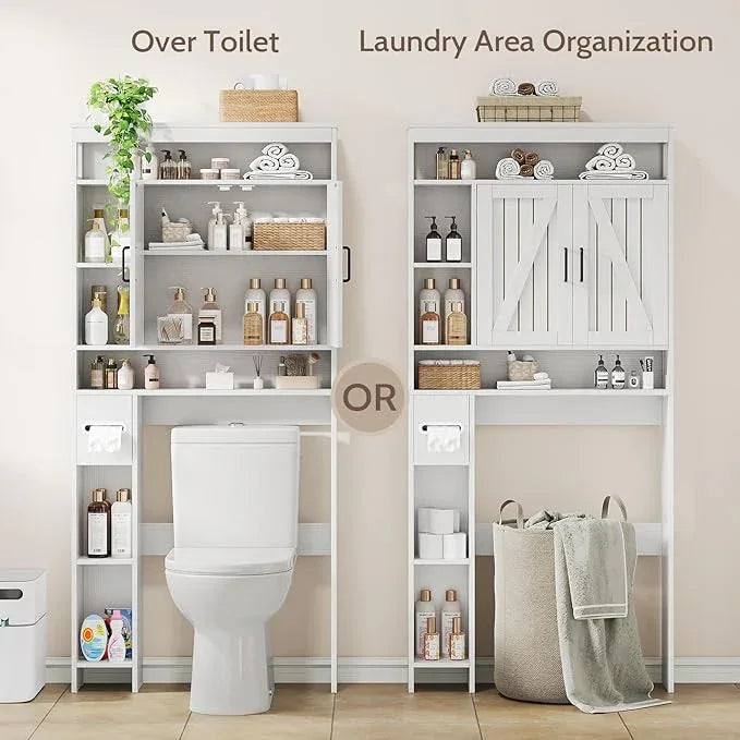Over The Toilet Storage Cabinet with 2 Barn Doors & Built-in Toilet Paper Holder, Farmhouse Space-Saving Organizer for Bathrooms and Laundry Room, White - ModernBath